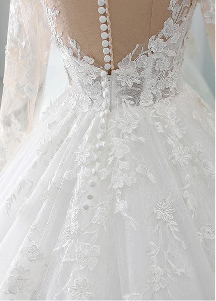 Luolandi A Line Wedding Dresses Long Sleeves With Applique Tulle Covered Button Sweep Train Beautiful