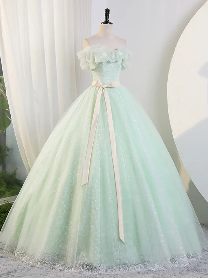 Luolandi Beautiful Green Tulle Long Prom Dresses A-Line Off the Shoulder Evening Part Dresses Sexy