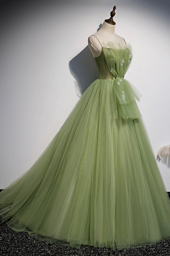 Luolandi Green Tulle Long A-Line Prom Dresses Green Spaghetti Straps Evening Dresses Beautiful