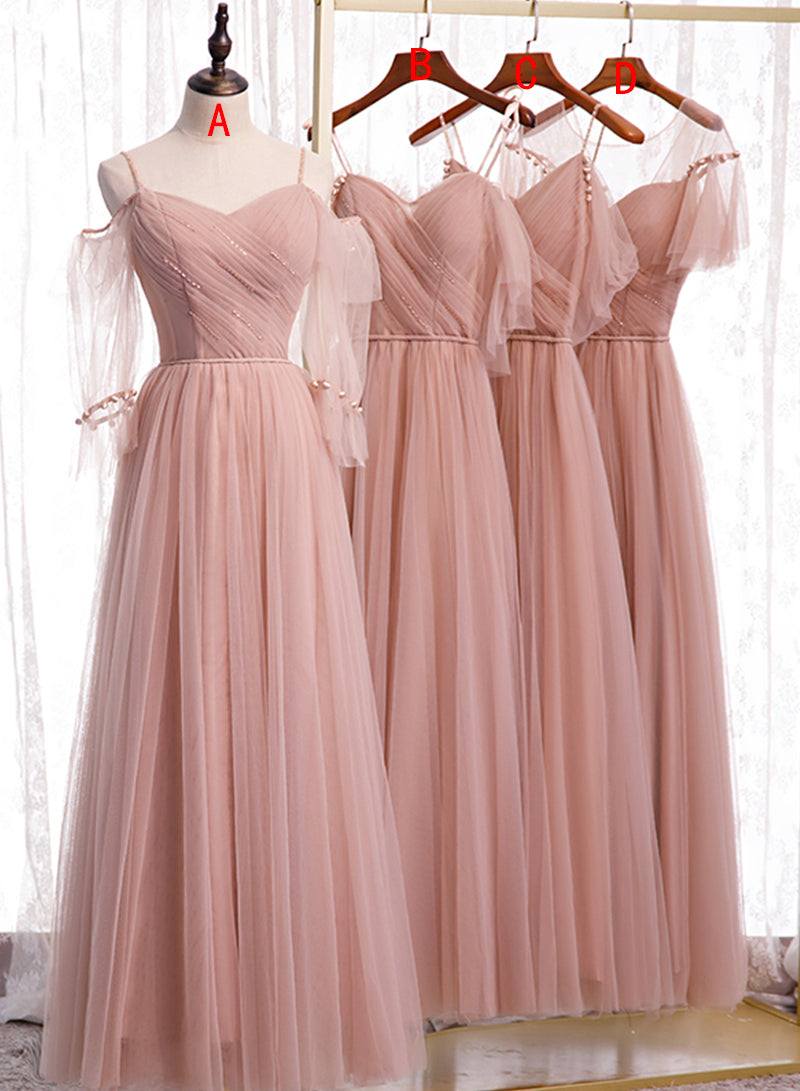 Luolandi Pink Tulle Long Prom Dresses A-Line Evening Party Dresses Elegant Bridesmaid Dresses