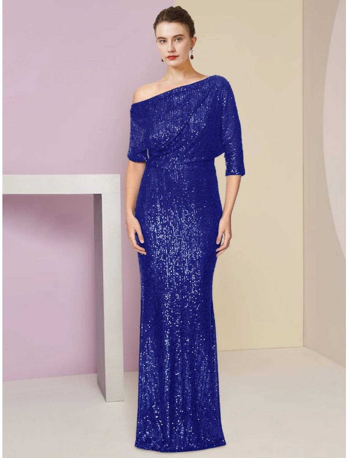 Luolandi Sheath / Column Mother of the Bride Dress Wedding Guest Sparkle & Shine Elegant Off Shoulder Sweep / Brush Train Sequined Half Sleeve with Sequin Ruching