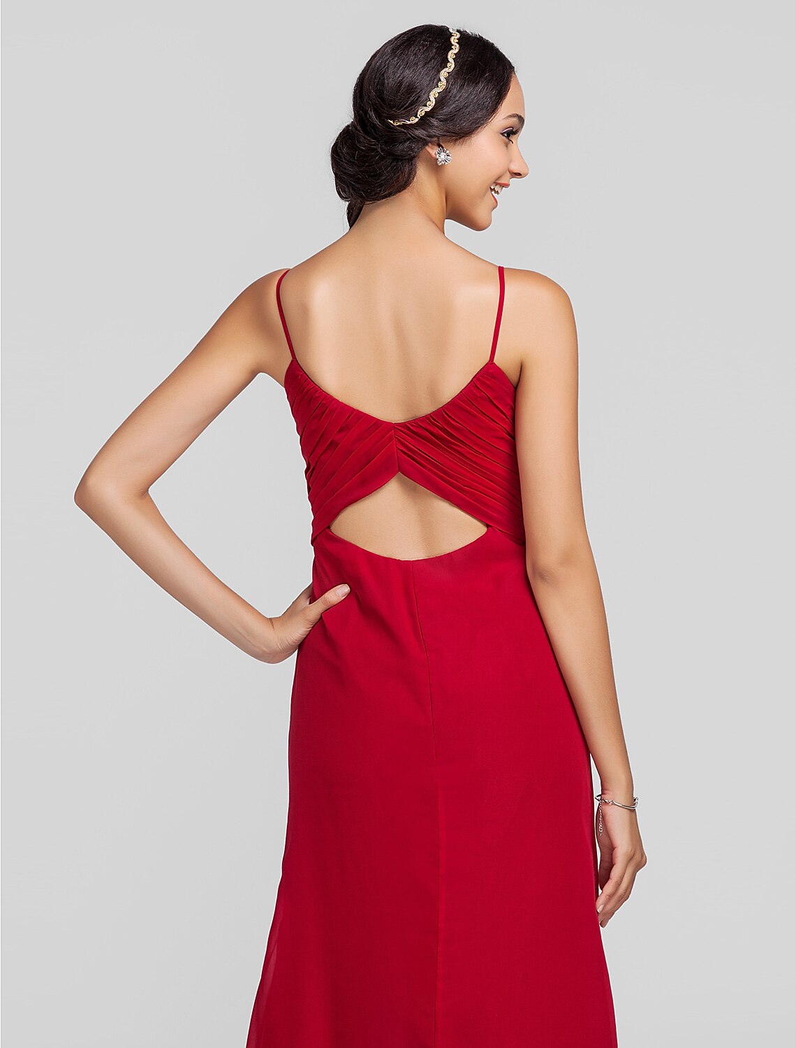 Luolandi Sheath Spaghetti Strap Floor Length Chiffon Bridesmaid Dress with Criss Cross