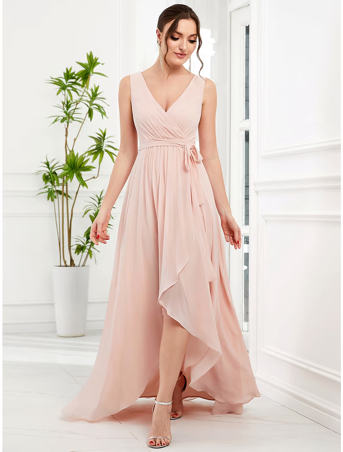Luolandi A-Line Wedding Guest Dresses Elegant Dress Party Wear Asymmetrical Sleeveless V Neck Chiffon with Ruffles