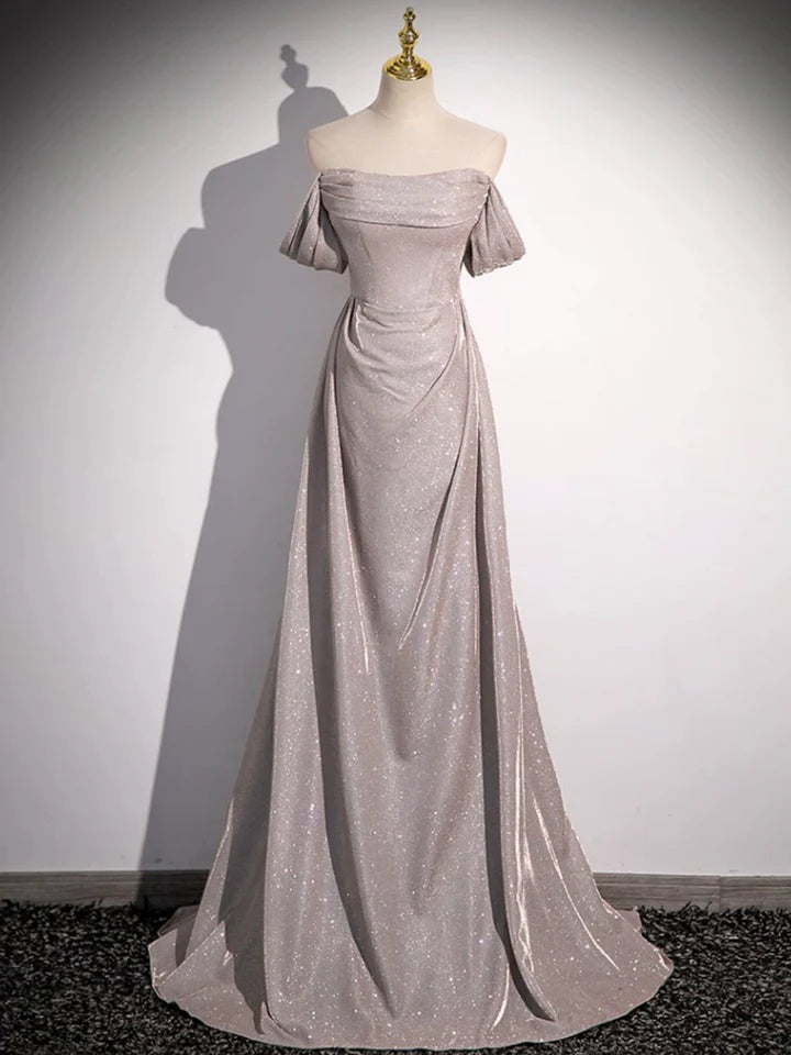 Luolandi Simple Sequins Ruffle Long Evening Dresses Off the Shoulder Formal Party Dresses Sparkly