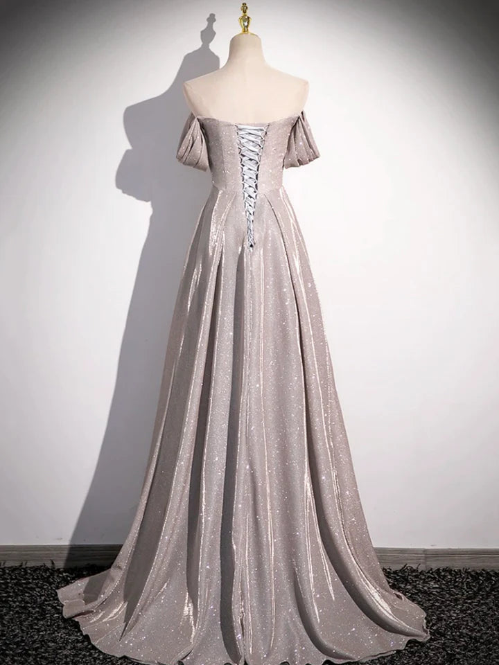 Luolandi Simple Sequins Ruffle Long Evening Dresses Off the Shoulder Formal Party Dresses Sparkly