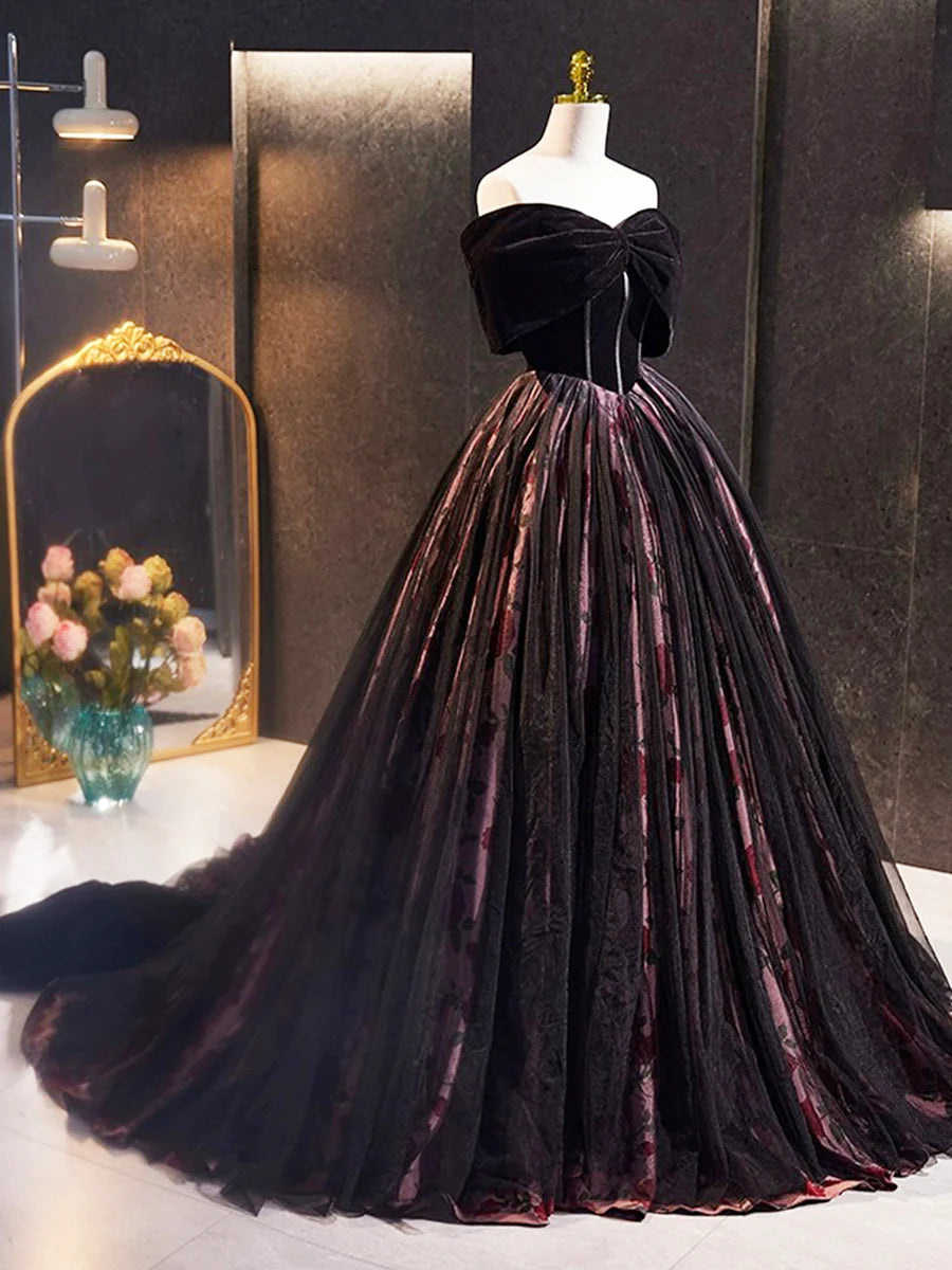 Luolandi Black Velvet Tulle Long Prom Dress with Rose Print Pattern Elegant Off the Shoulder Party Dress Sexy