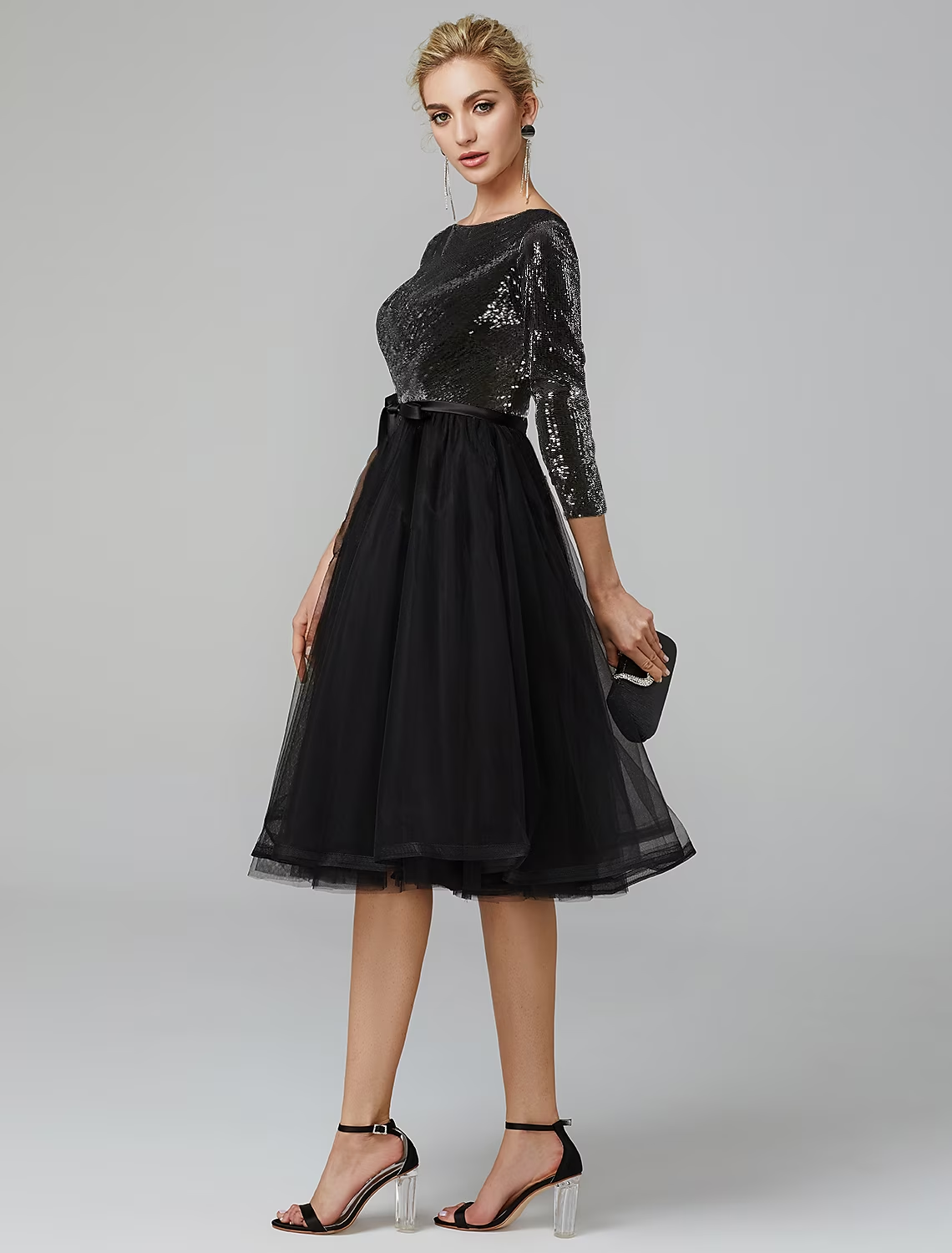 Luolandi A-Line Cocktail Dresses Sparkle & Shine Dress Formal Tea Length 3/4 Length Sleeve Jewel Neck Tulle with Sequin