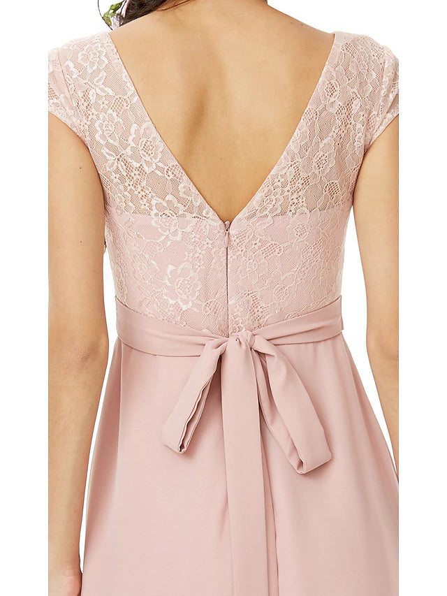 Luolandi Sheath / Column Bridesmaid Dress Bateau Neck Short Sleeve Elegant Floor Length Chiffon / Lace with Lace / Sash / Ribbon