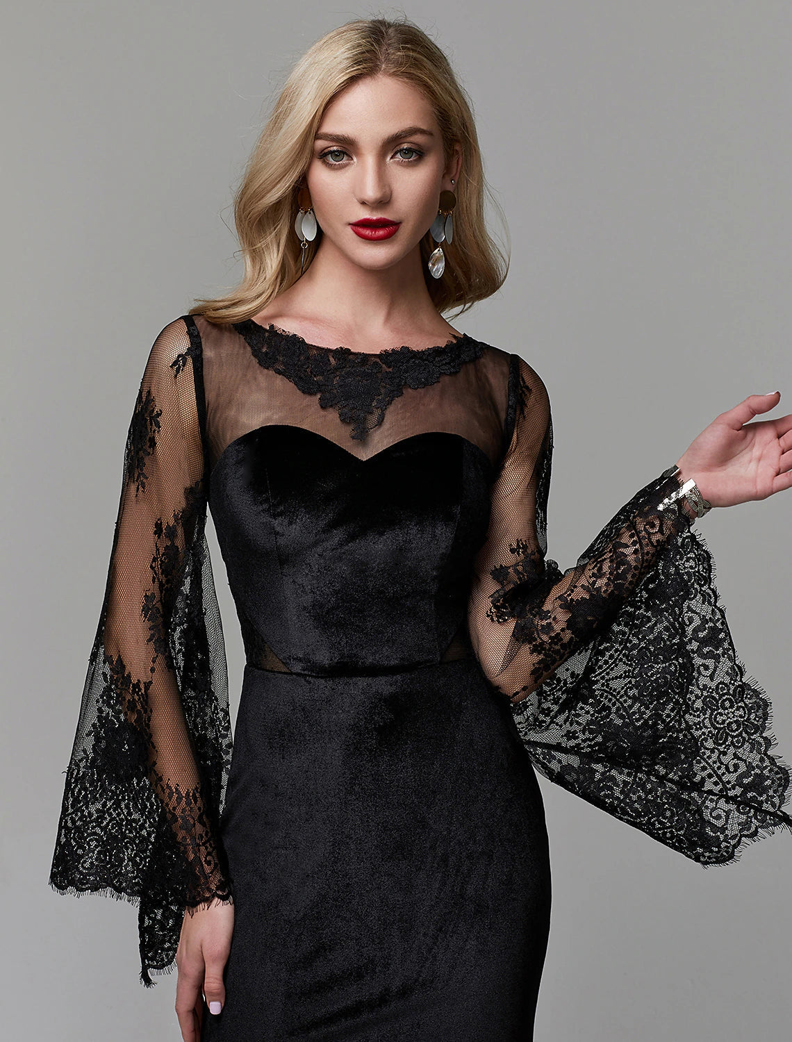 Luolandi Sheath / Column Elegant Dress Wedding Guest Floor Length Long Sleeve Illusion Neck Lace