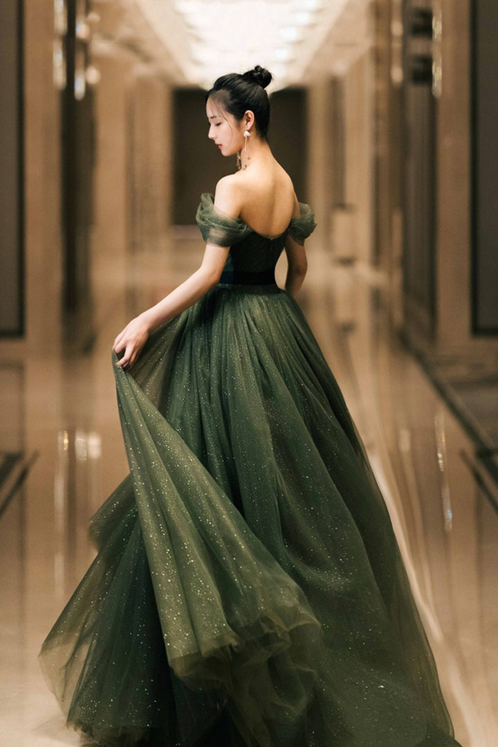 Luolandi Beautiful Green Tulle Long Prom Dress A-Line Off the Shoulder Graduation Dress Sexy Party Dress