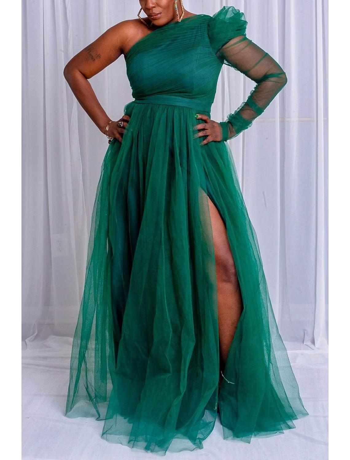 Luolandi A-Line Prom Dresses Plus Size Dress Wedding Guest Sweep / Brush Train Long Sleeve One Shoulder Wednesday Addams Family Tulle with Slit