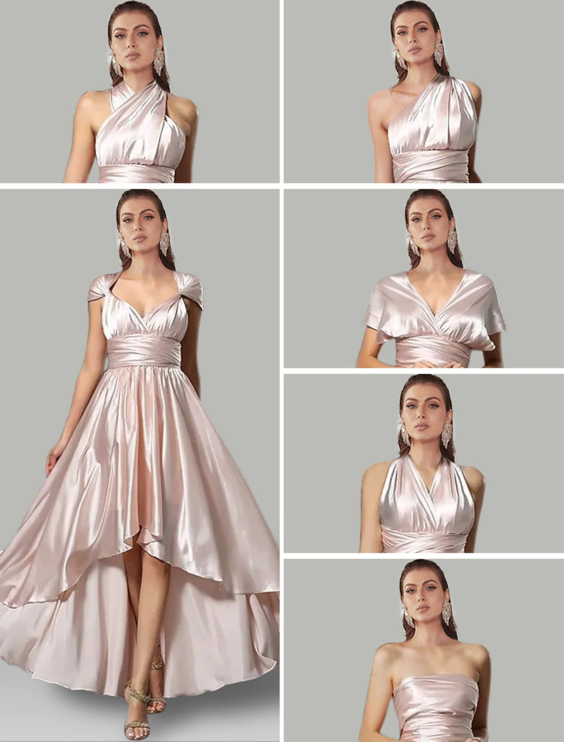 Luolandi A-Line Wedding Guest Dresses High Low Dress Summer Asymmetrical Sleeveless V Neck Convertible Satin