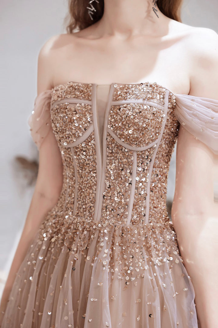 Luolandi Off Shoulder Tulle Sequins Long Prom Dress Champagne A-Line Formal Dress Sparkly Evening Dresses