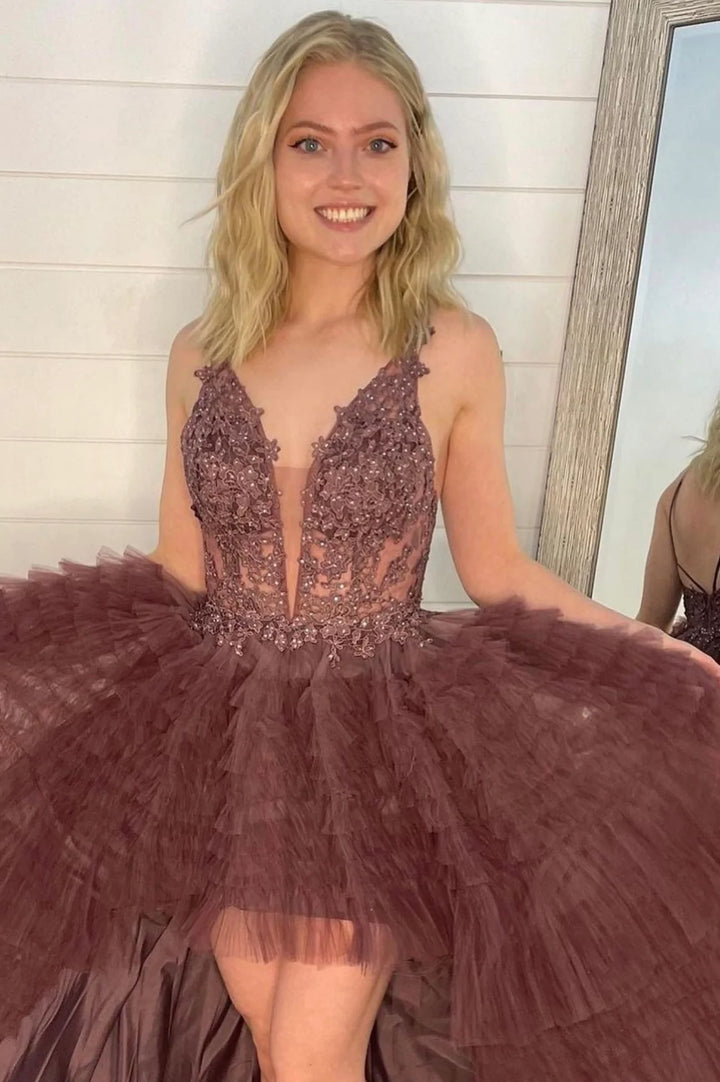 Luolandi A-Line Lace High Low Prom Dress V-Neck Lace Evening Dress Sexy