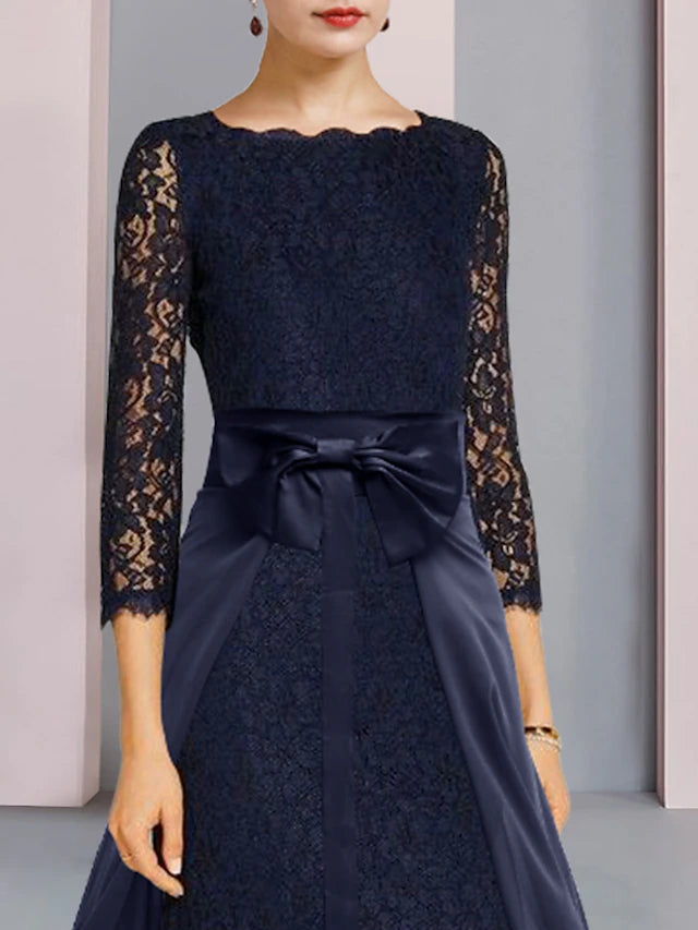 Luolandi Two Piece Sheath / Column Mother of the Bride Dress Formal Wedding Guest Elegant Scoop Neck Knee Length Chiffon Lace 3/4 Length Sleeve