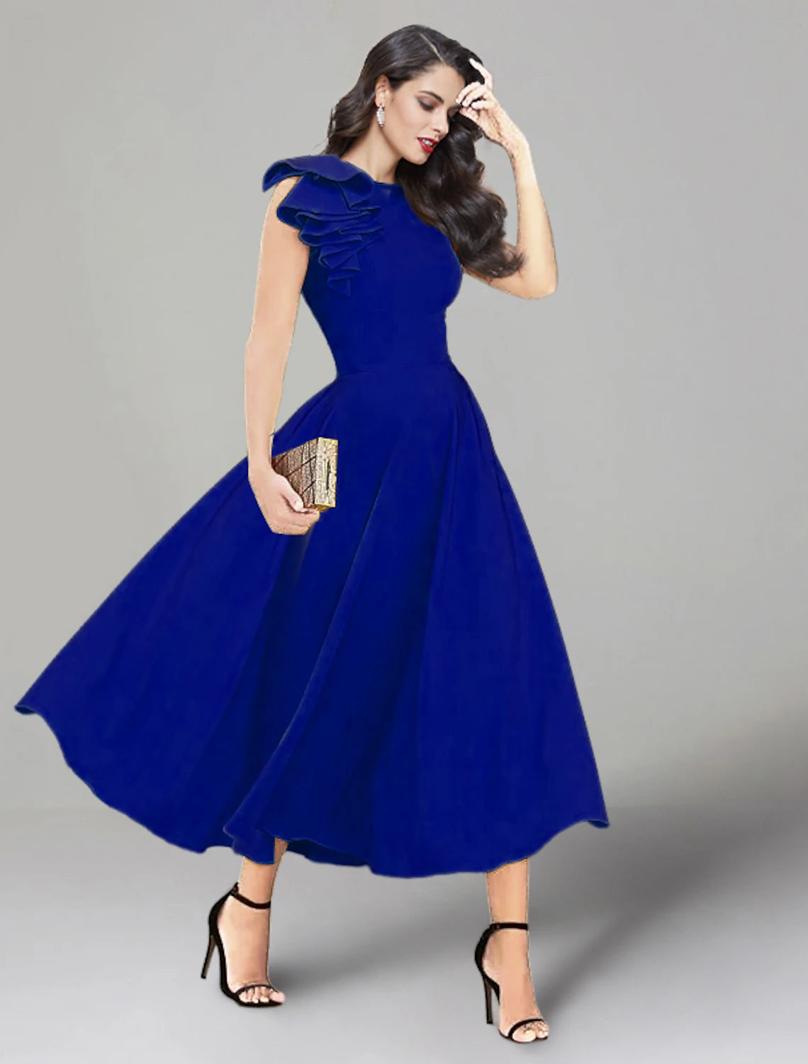 Luolandi A-Line Wedding Guest Dresses Backless Dress Summer Tea Length Sleeveless Jewel Neck Fabric