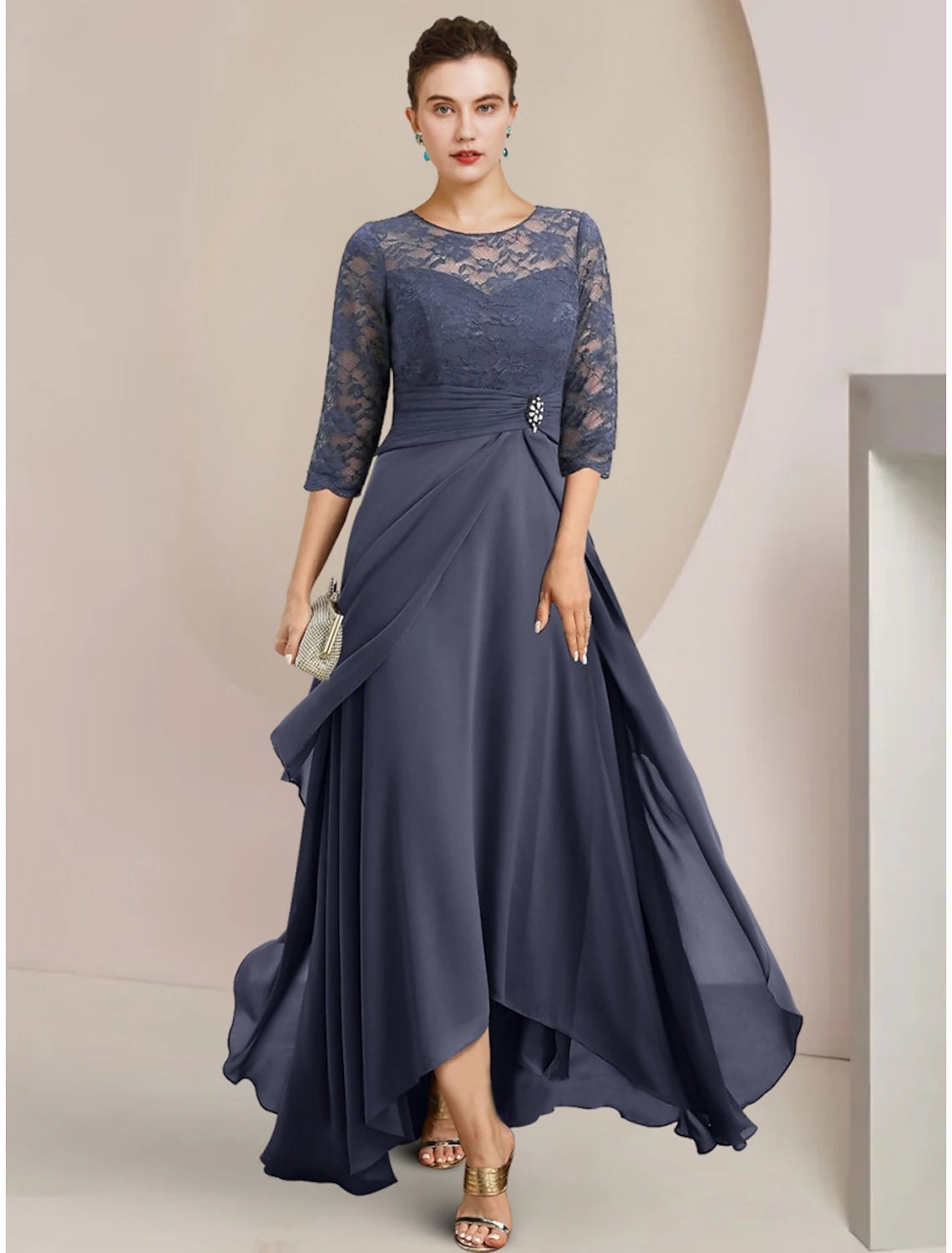 Luolandi A-Line Mother of the Bride Dress Wedding Guest Elegant Jewel Neck Asymmetrical Chiffon Half Sleeve with Lace Crystal Brooch