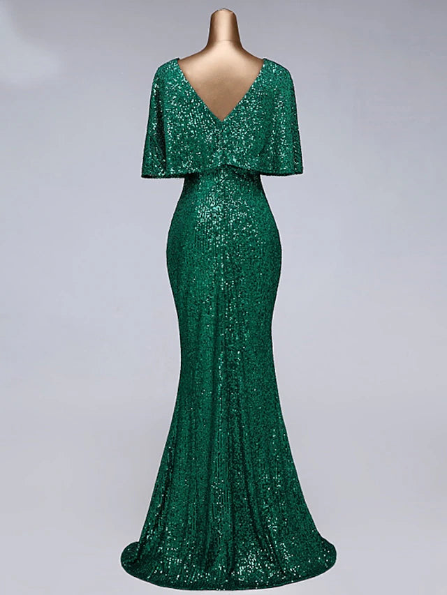 Mermaid / Trumpet Prom Dresses Sparkle Dress Wedding Guest Floor Length Half Sleeve Illusion Neck Sequined with Sequin