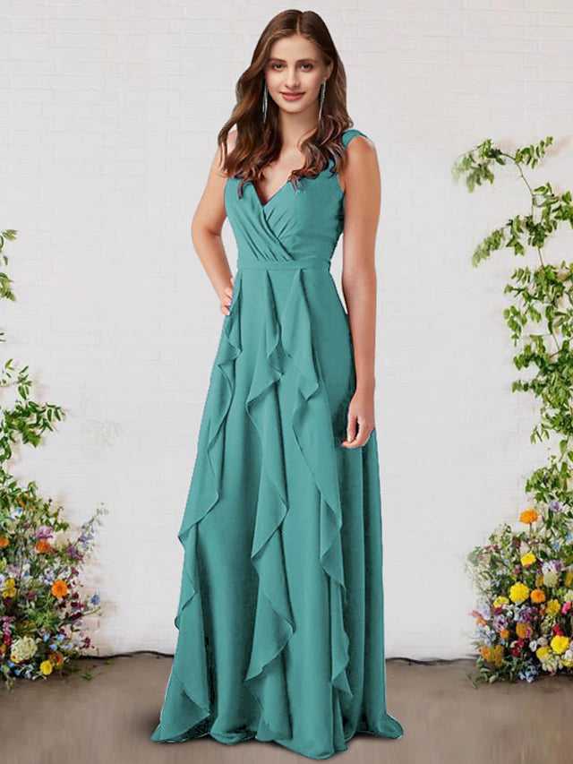 Luolandi A-Line Bridesmaid Dress V Neck Sleeveless Elegant Floor Length Chiffon with Ruffles Pure Color