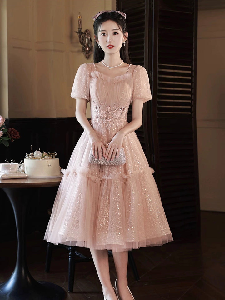Luolandi Pink Tulle Sweetheart Short Prom Dress Short Sleeve Party Dress Formal Dress