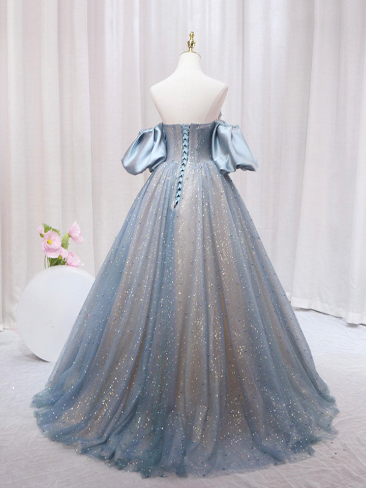 Luolandi Blue Puff Sleeve Long A-Line Prom Dress Off the Shoulder Formal Evening Dress Sparkly