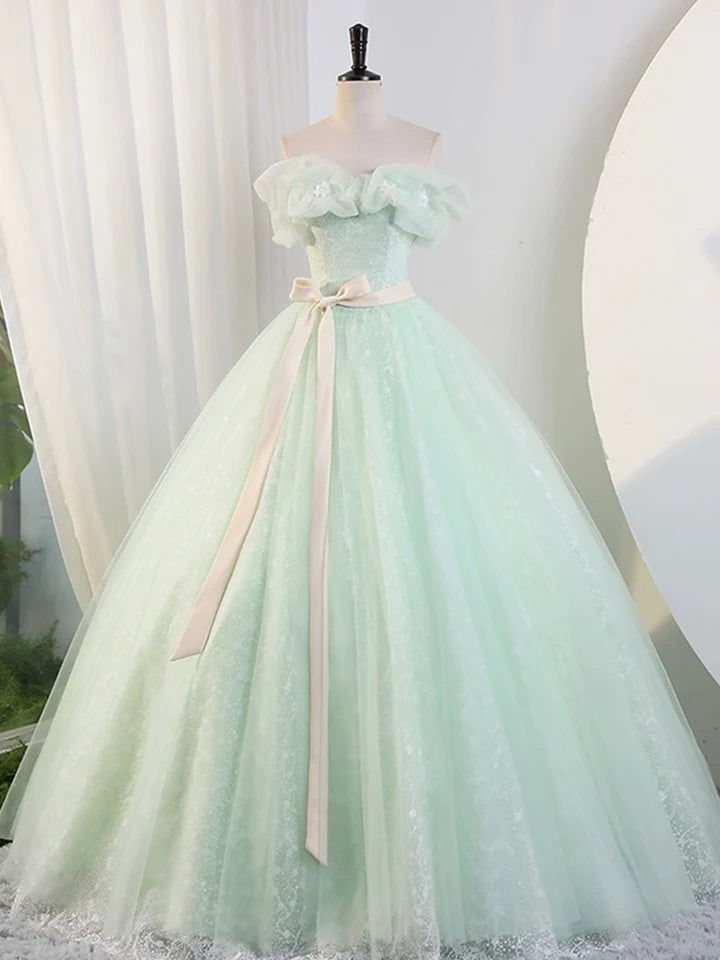 Luolandi Beautiful Green Tulle Long Prom Dresses A-Line Off the Shoulder Evening Part Dresses Sexy