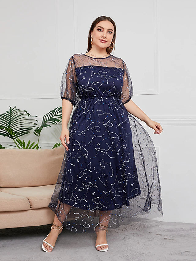 Luolandi Plus Size Curve Mother of the Bride Dress Party Sparkle & Shine Scoop Neck Ankle Length Tulle Half Sleeve with Sequin
