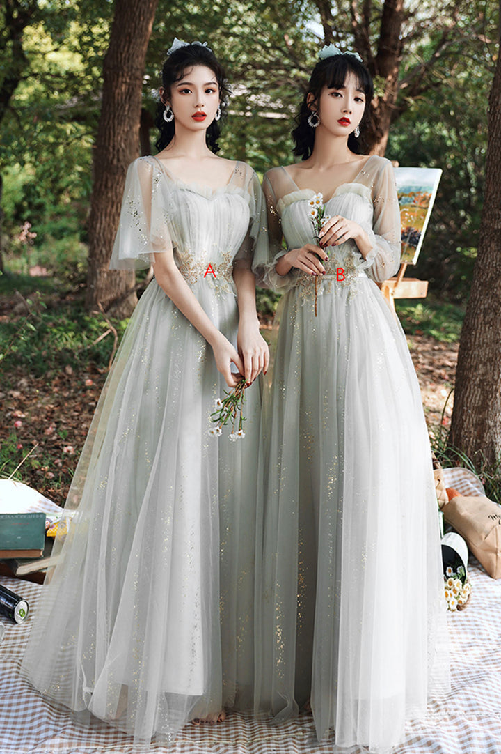 Luolandi Gray Tulle Lace Long A-Line Prom Dresses Tulle Bridesmaid Dresses Beautiful