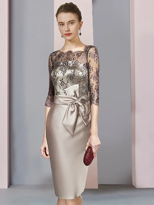 Luolandi Sheath / Column Mother of the Bride Dress Wedding Guest Elegant Square Neck Knee Length Satin Lace Half Sleeve with Bow(s)
