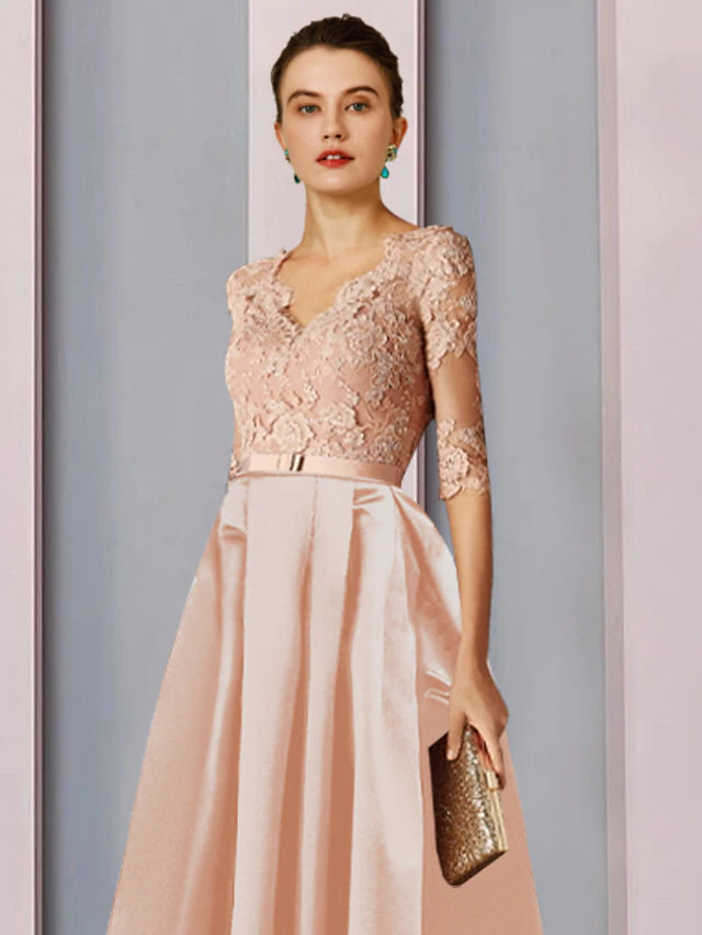 Luolandi A-Line Mother of the Bride Dress Wedding Guest Elegant High Low V Neck Asymmetrical Tea Length Satin Lace Half Sleeve with Bow(s)