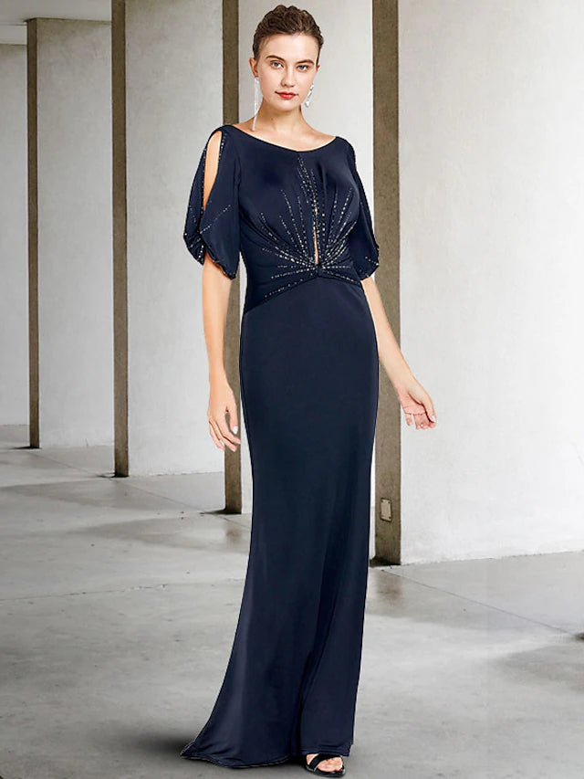 Luolandi Sheath / Column Mother of the Bride Dress Plus Size Elegant Jewel Neck Sweep / Brush Train Chiffon Short Sleeve