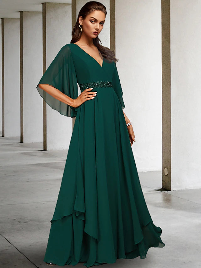 Luolandi A-Line Mother of the Bride Dress Elegant V Neck Sweep / Brush Train Chiffon Half Sleeve