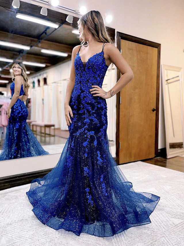 Luolandi Mermaid / Trumpet Prom Dresses Sparkle & Shine Dress Formal Court Train Sleeveless V Neck Tulle Backless with Glitter Beading