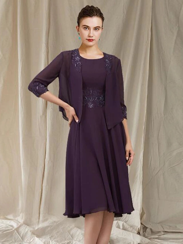 Luolandi Two Piece Sheath / Column Mother of the Bride Dress Church Elegant Jewel Neck Knee Length Chiffon Lace Sleeveless