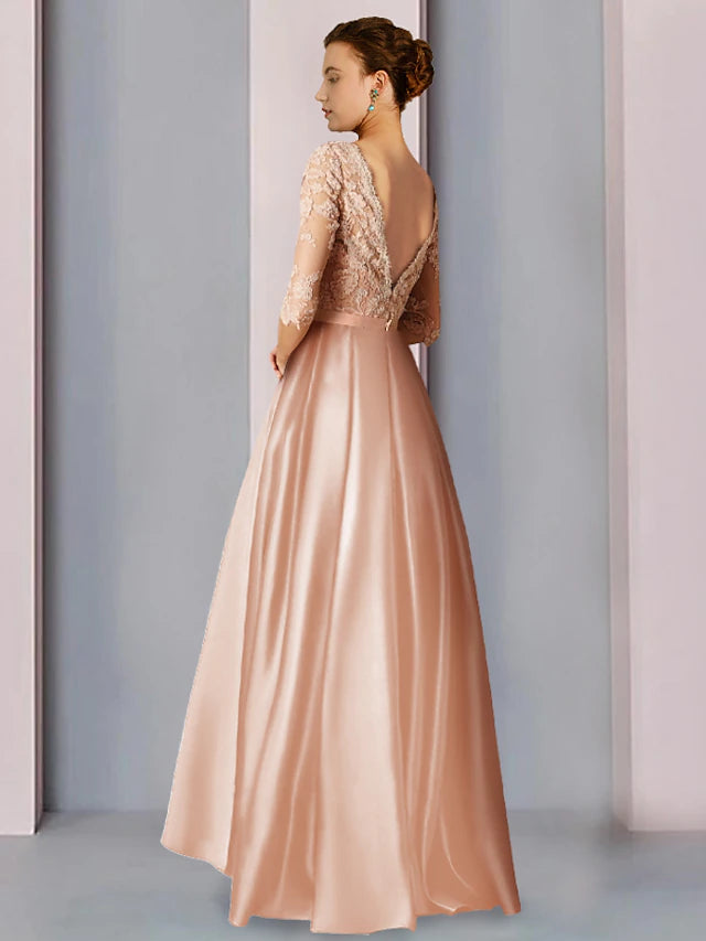 Luolandi A-Line Mother of the Bride Dress Wedding Guest Elegant High Low V Neck Asymmetrical Tea Length Satin Lace Half Sleeve with Bow(s)