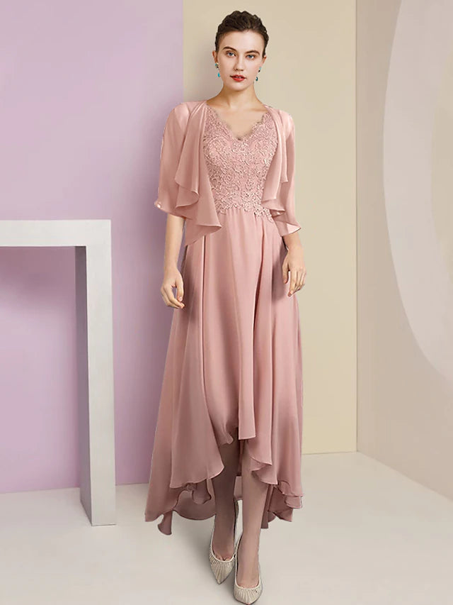 Luolandi Two Piece A-Line Mother of the Bride Dress Formal Wedding Guest Elegant High Low V Neck Asymmetrical Tea Length Chiffon Lace Short Sleeve Wrap Included