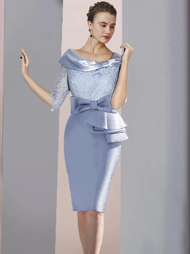 Luolandi Sheath / Column Mother of the Bride Dress Wedding Guest Party Elegant Scoop Neck Knee Length Satin Lace Half Sleeve with Bow(s)