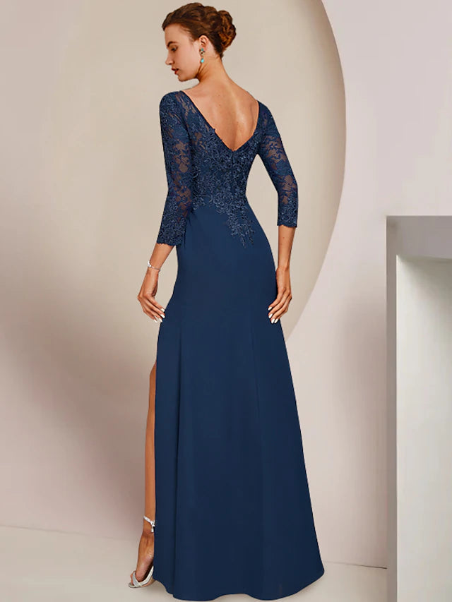 Luolandi A-Line Mother of the Bride Dress Elegant Scoop Neck Floor Length Chiffon Lace 3/4 Length Sleeve with Appliques