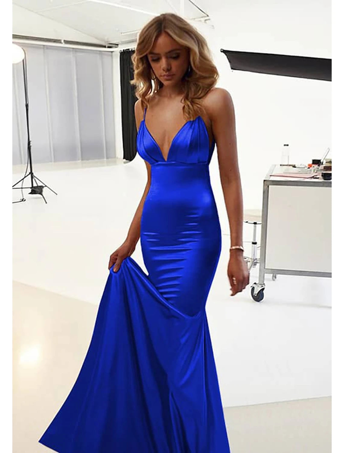 Luolandi Mermaid / Trumpet Wedding Guest Dresses Sexy Dress Prom Floor Length Sleeveless Spaghetti Strap Cotton Backless Party Dress