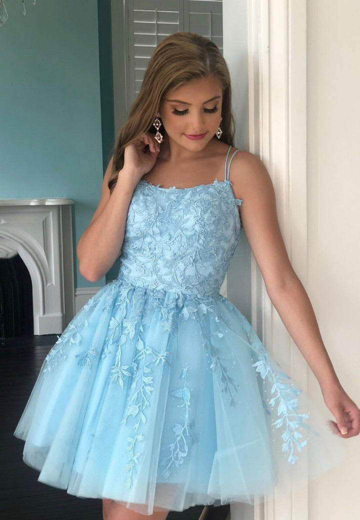 Luolandi Short Blue Lace A-Line Prom Dresses A-Line Homecoming Dresses Beautiful