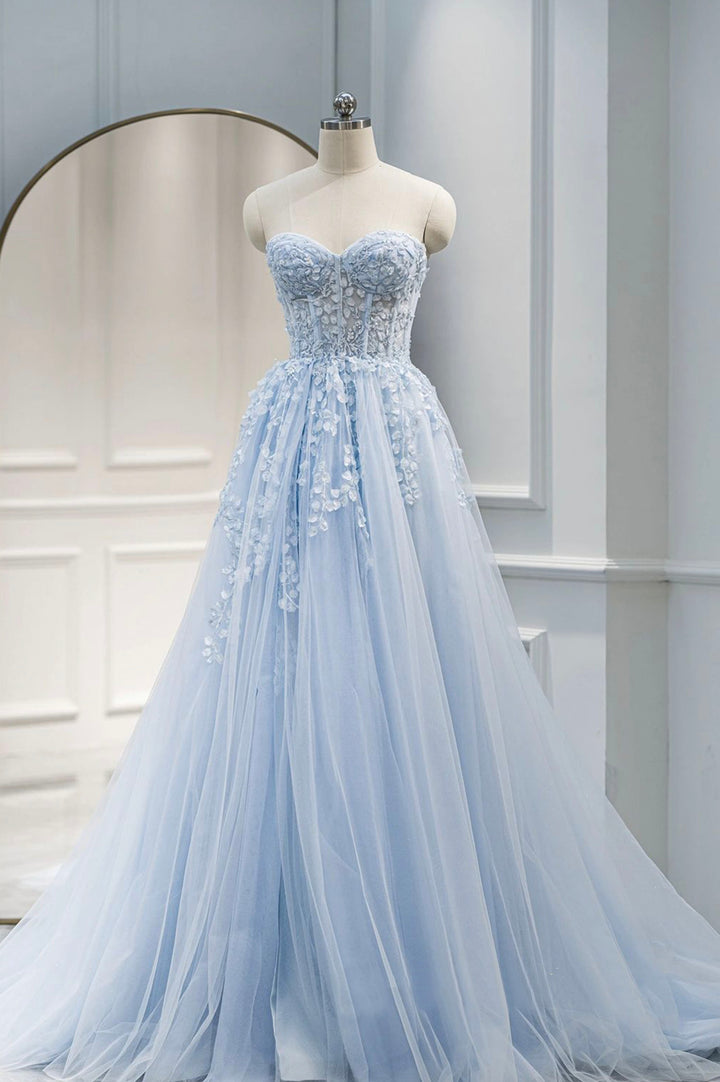 Luolandi Blue Sweetheart Neck Lace Floor Length Prom Dress Lovely Evening Dress