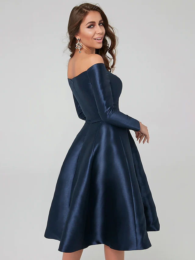 Luolandi A-Line Special Occasion Dresses Party Dress Wedding Guest Knee Length Long Sleeve Off Shoulder Satin
