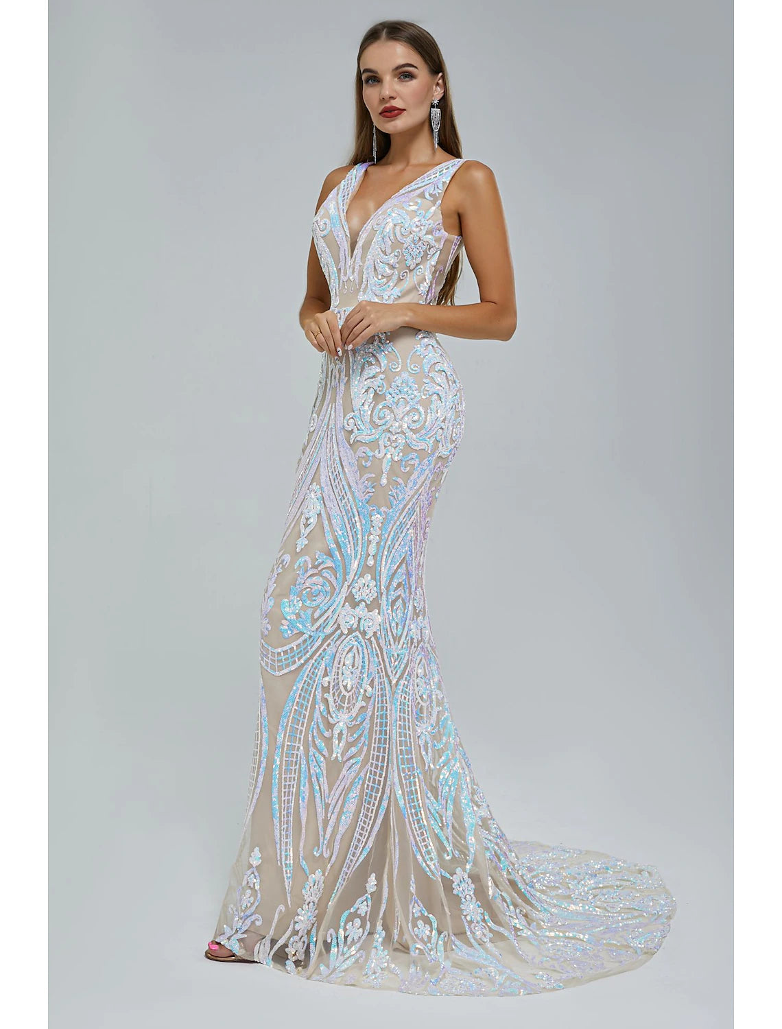 Luolandi Mermaid / Trumpet Evening Gown Sparkle & Shine Dress Wedding Guest Engagement Court Train Sleeveless V Neck Sequined