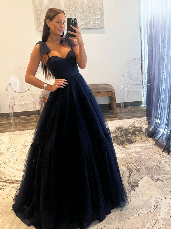 Luolandi Dotted Tulle A Line Prom Dresses A-Line Sweetheart Neckline Bow Tie Shoulder Evening Dresses