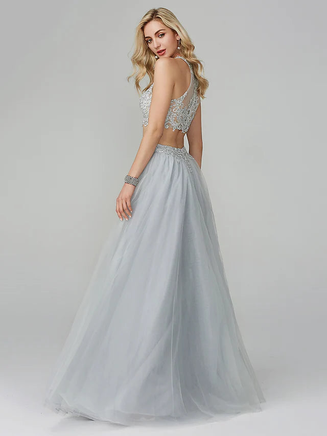 Luolandi Two Piece Empire Prom Formal Evening Dress Halter Neck Sleeveless Floor Length Lace