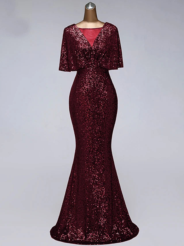 Luolandi Mermaid / Trumpet Prom Dresses Sparkle Dress Wedding Guest Floor Length Half Sleeve Illusion Neck Sequined with Sequin Evening Dress