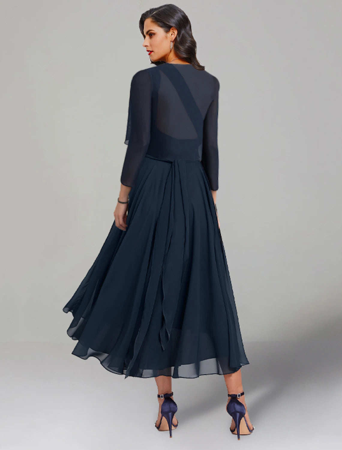 Luolandi Two Piece A-Line Wedding Guest Dresses Elegant Dress Cocktail Party Tea Length 3/4 Length Sleeve V Neck Convertible Chiffon