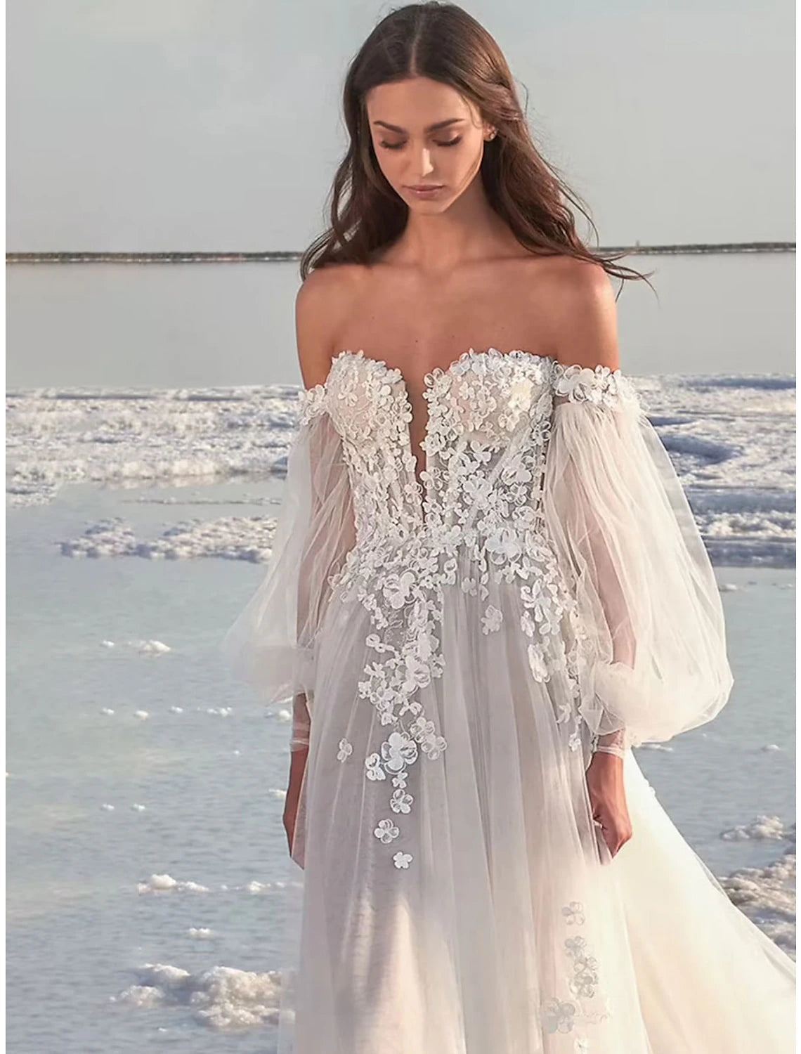 Luolandi Beach Formal Wedding Dresses A-Line Off Shoulder Sleeve Court Train Lace Bridal Gowns With Appliques