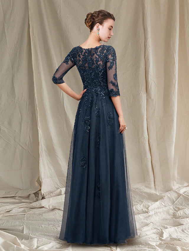 Luolandi A-Line Mother of the Bride Dress Luxurious Elegant V Neck Floor Length Chiffon Lace Tulle Half Sleeve
