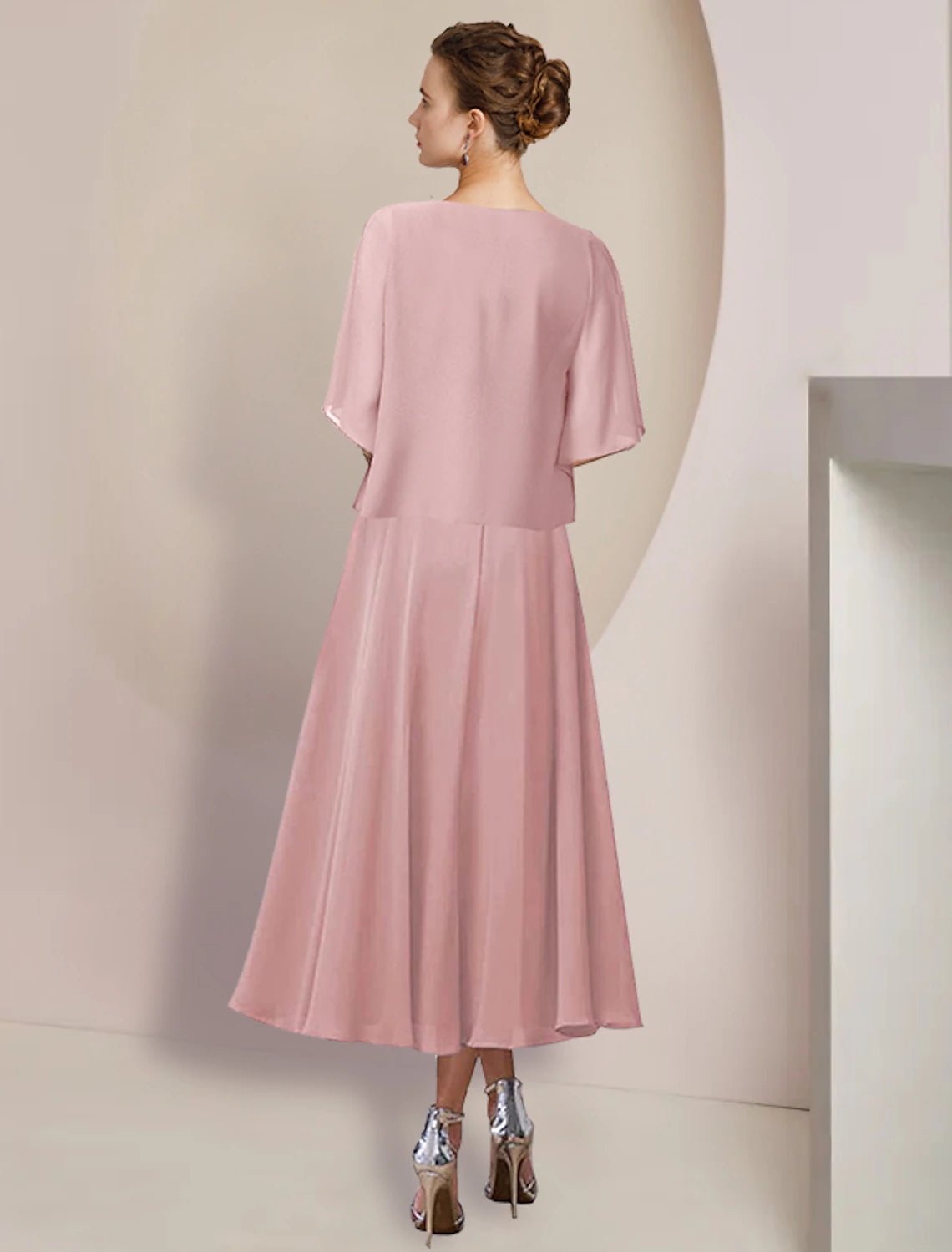 Luolandi Two Piece A-Line Mother of the Bride Dress Formal Wedding Guest Elegant V Neck Tea Length Chiffon Lace 3/4 Length Sleeve Wrap Included